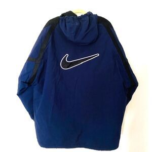 Vintage 90s Nike Big Swoosh Logo Colorblock Navy Hooded Quilted Jacket Sz L